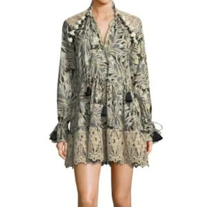 Alexis Persia Mini Dress Size XS Palm Print Safari Resort Wear Vacation Pom Pom